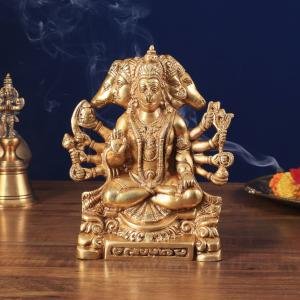 Brass Panchmukhi Hanuman Golden Statue | 8" x 6.5" x 2.6" (20.3 x 16.5 x 6.6 cm) | 2.12 kg Five-Faced Sacred Art | Meditation Murti